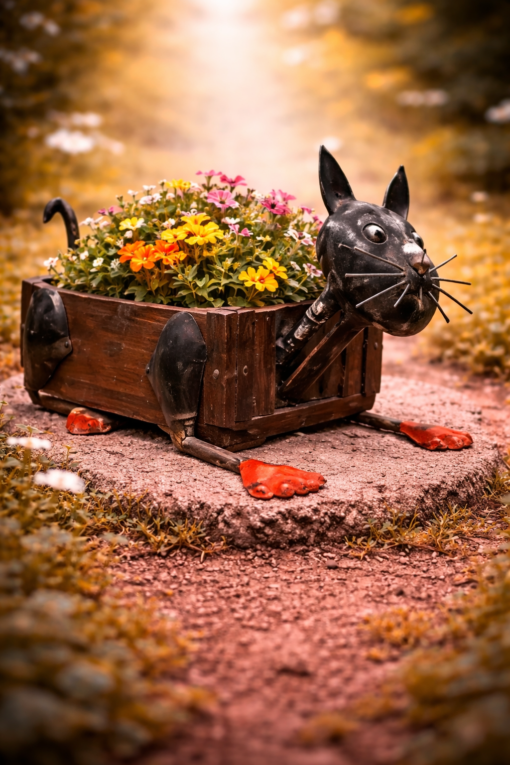 Bloempot in de vorm van een kat, gemaakt van baksteen.
