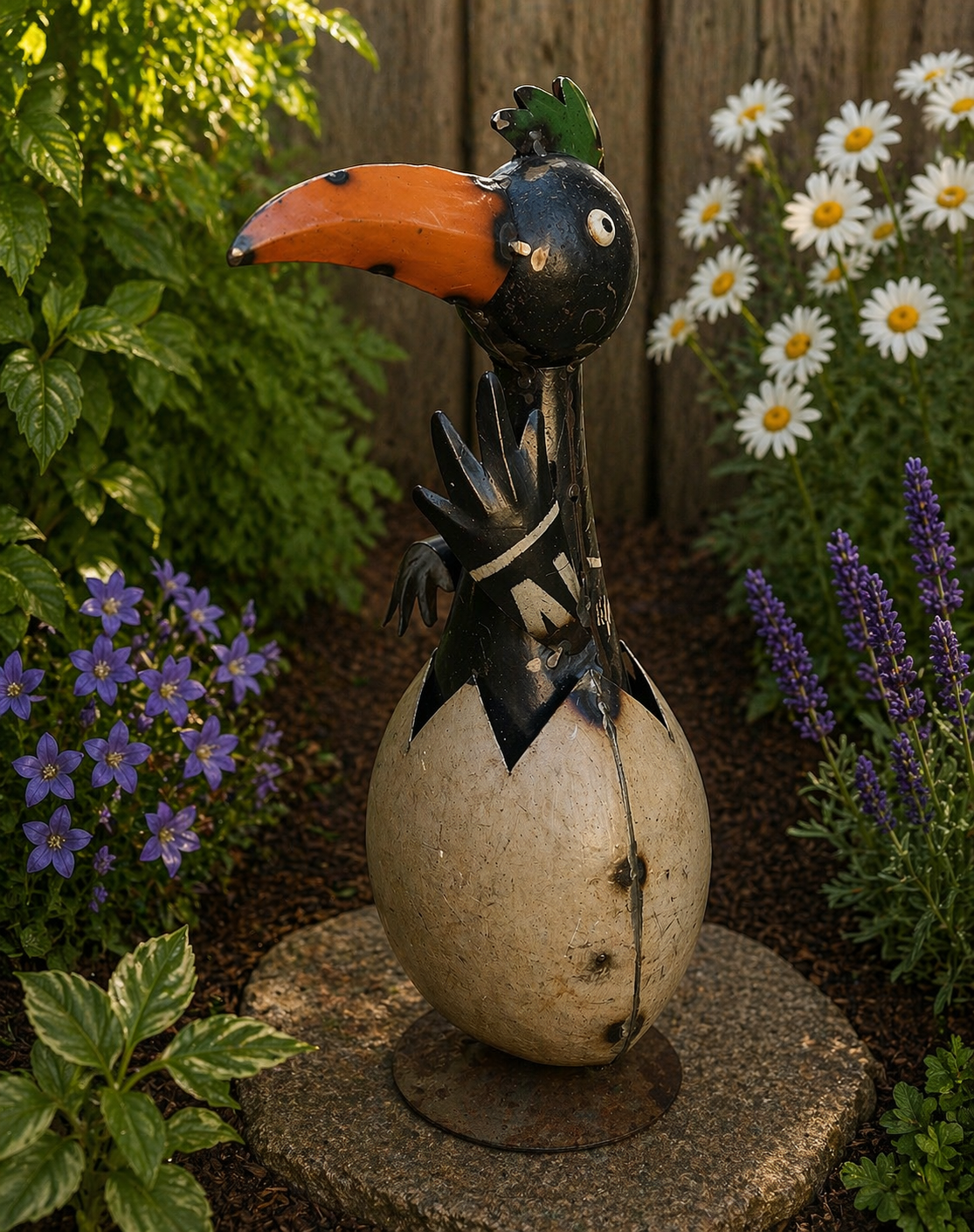 Metalen tuindecoratie vogel in ei